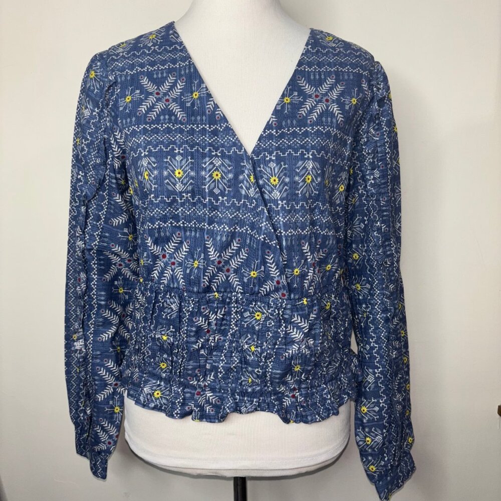 NEWAnthropologie Forever That Girl Women's Blue Floral Smocked Blouse Ruffled M
